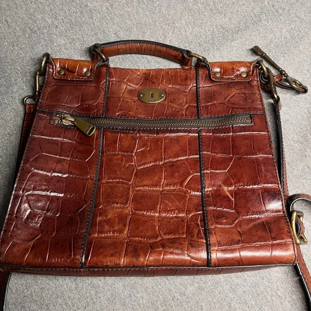 Fossil Crossbody Bag Croc Embossed Leather Brown Women Small ZB5438 - Picture 4 of 9